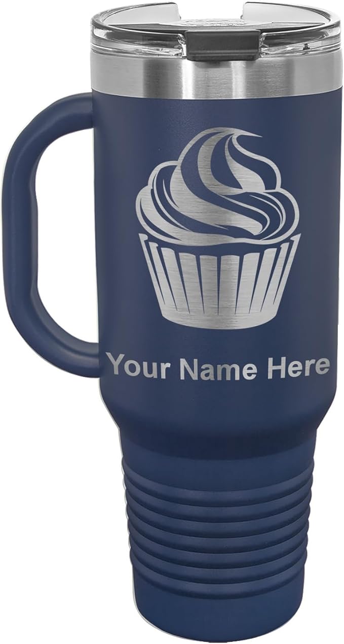 LaserGram 40oz Vacuum Insulated Travel Mug with Handle, Cup Cake, Personalized Engraving Included (Navy Blue)