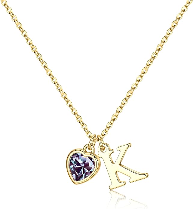 Turandoss Valentines Day Gifts for Her Trendy, Dainty 14K Gold Plated Initial A-Z Heart Birthstone Pendant Necklace Personalized Bridesmaid Birthday Valentines Jewelry Gifts for Women Girls