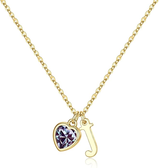Turandoss Valentines Day Gifts for Her Trendy, Dainty 14K Gold Plated Initial A-Z Heart Birthstone Pendant Necklace Personalized Bridesmaid Birthday Valentines Jewelry Gifts for Women Girls