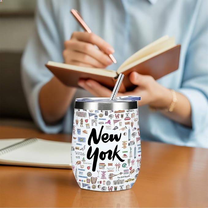 York Gifts Travel Souvenir Wine Tumbler 12 oz Insulated Wine Glass Cup with Lid Straw Vacuum Insulated Cup,Travel Lover Gifts for Women Men Friend Bestie Birthday Friendship Christmas