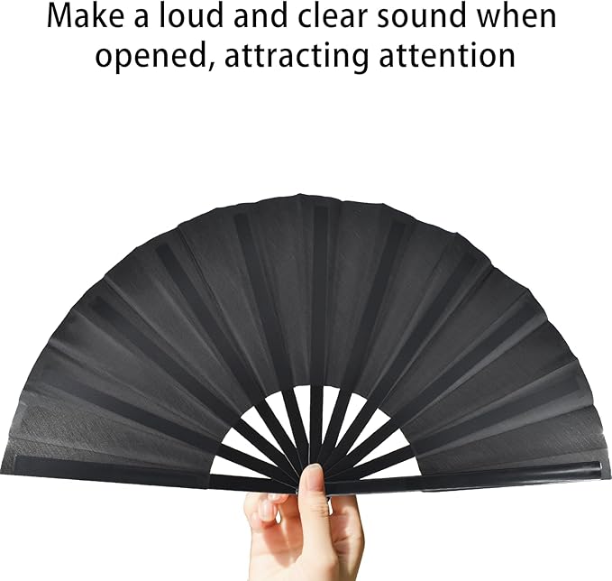 2pcs Large Black Folding Fans Handheld Nylon Cloth Classical Fans with Holder Sleeve Chinese Kung Fu Fan for Festival Performance Dance Decorations Gifts