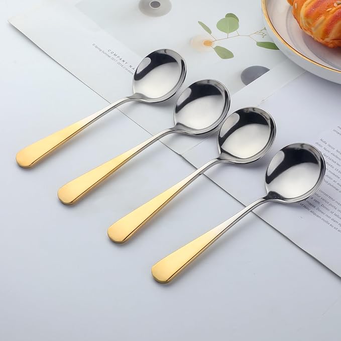 Buyer Star 8 Pieces Stainless Steel Round Soup Spoon, 6.3 Inch Mirror Polished Spoon Cutlery, Dishwasher Safe (Gradual Gold)