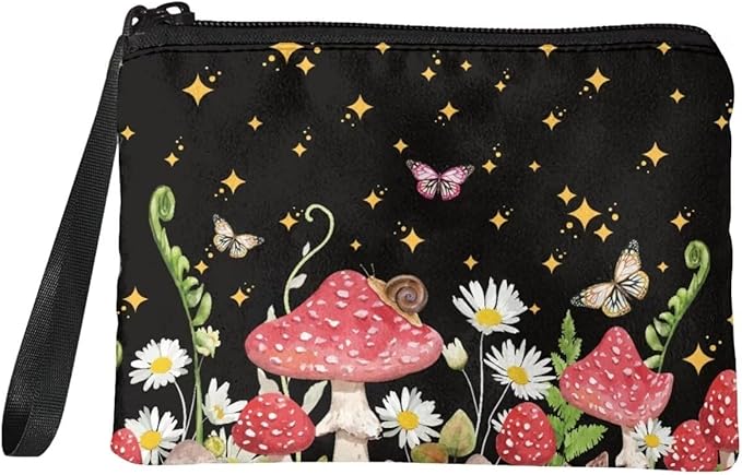 Dolyues Mushroom Coin Purse Change Pouch with Strap Casual Money Bag Wallet Small Clutch Zipper Pouch Coin Bag for Women Girls