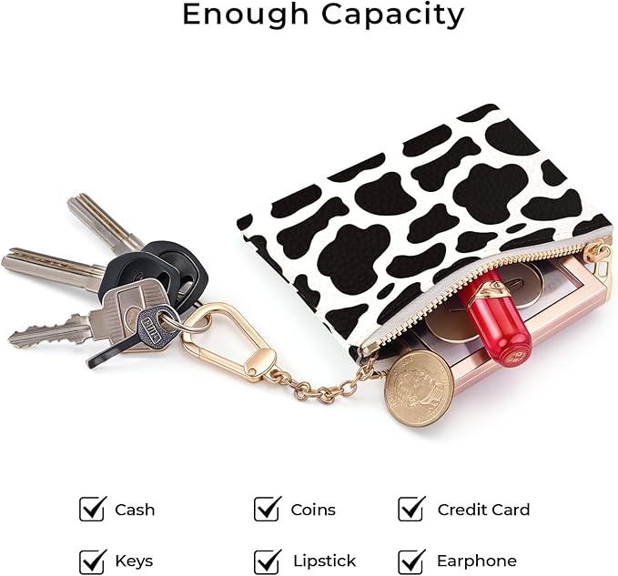Cow Keychain Coin Purse for Women, Small PU Leather Change Pouch, Zipper Little Tiny Travel Wallet for Girls, Cute Kawaii Zip Pocket Coin Holder with Key Ring