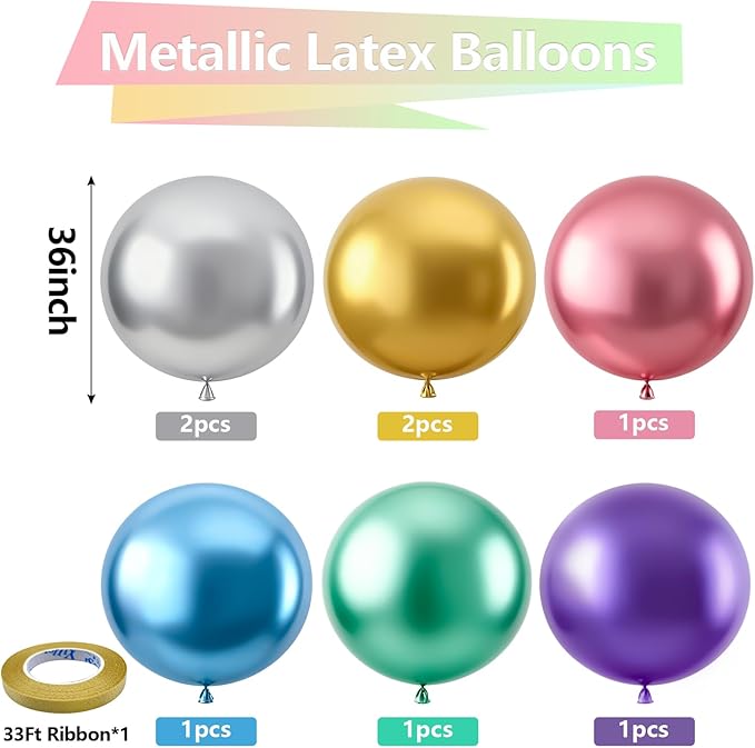 Bezente Metallic Chrome Giant Balloons 36 Inch - 8 Pack Jumbo Assorted Latex Balloons Large Round Colorful Party Balloons for New Years Birthday Bridal Shower Wedding Decorations 2026