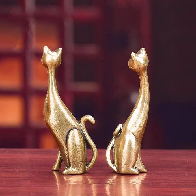 Brass Animals Figurine Decorative,Metal Statue,Set of 2 Pure Brass Long Necked Cat Statues,Exquisite Decor for Bookshelves,Ideal Decor for Home,Office,or Café