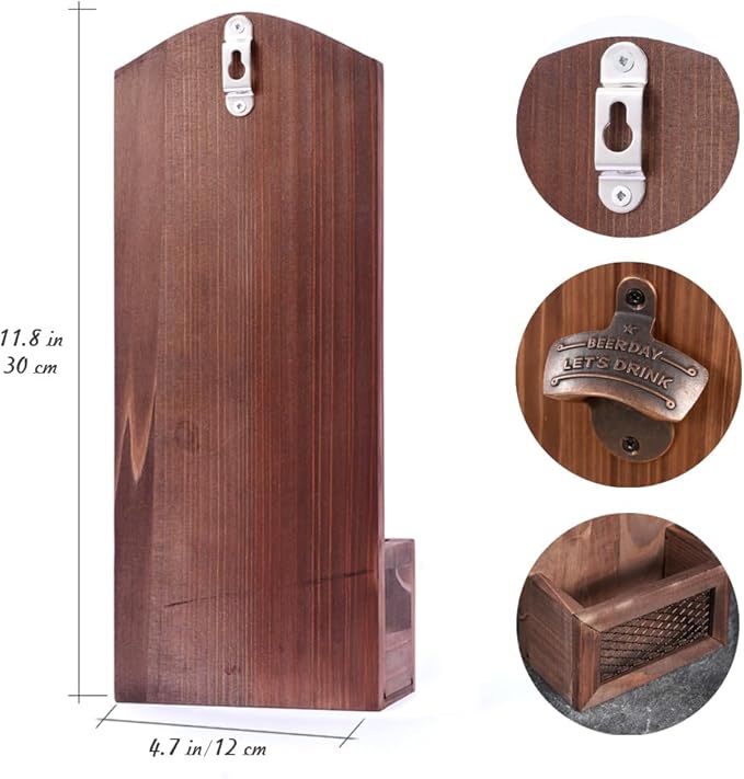 Bottle Opener with Cap Collector Catcher,Vintage Wooden Wall Mounted Bottle Opener，Ideal Gift for Men and Beer Lovers, Use as Bar Decoration (Beer Day)