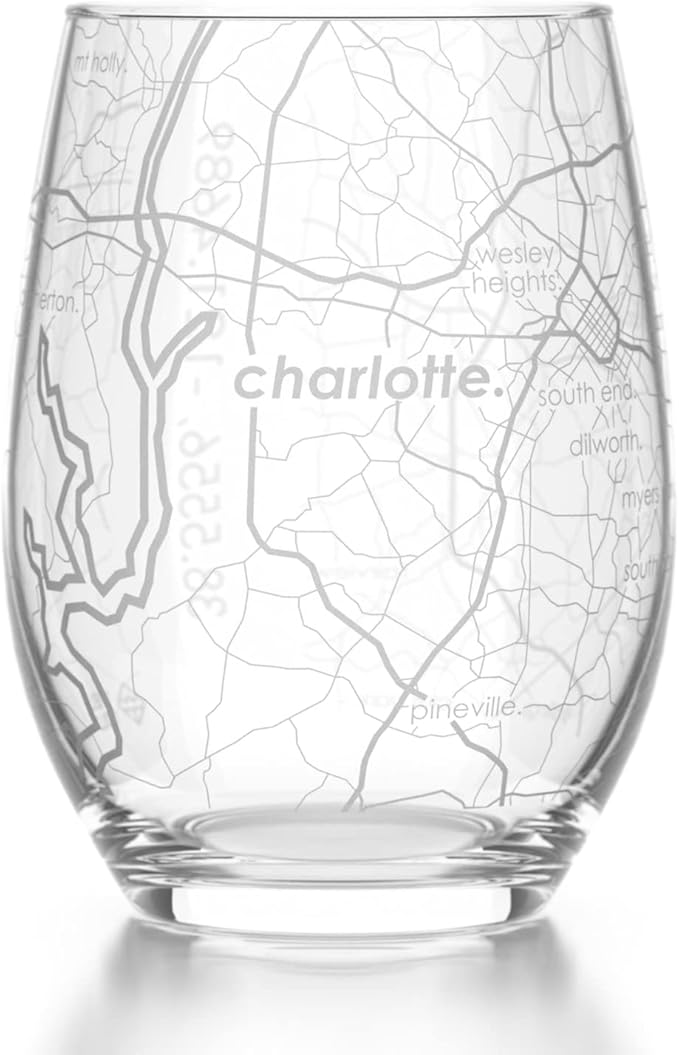 Well Told Engraved Charlotte North Carolina Map Stemless Wine Glass, Etched Glass (15 oz, Clear) City Custom Gifts for Lovers