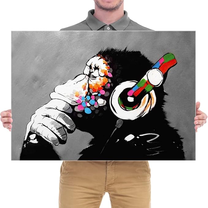 Wieco Art Monkey With Headphones Banksy Graffiti Art Abstract Canvas Painting Posters and Prints Animal Canvas Wall Art for Wall Decor and Home decorations Office Decor