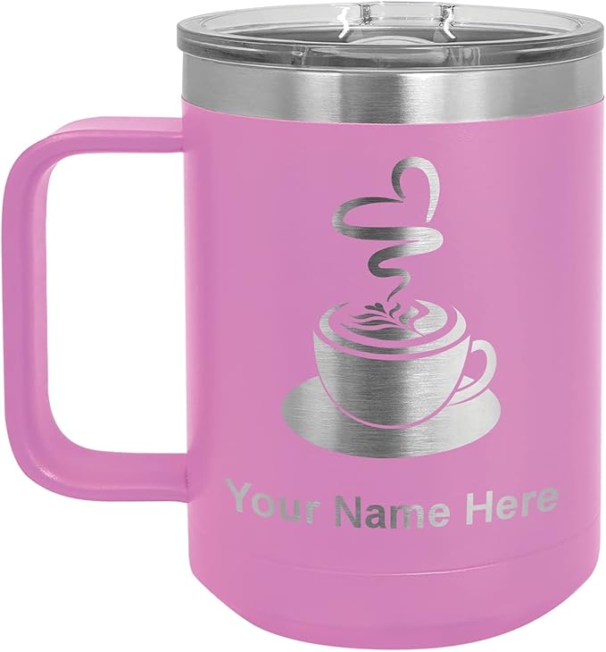 LaserGram 15oz Vacuum Insulated Coffee Mug, Cup of Coffee, Personalized Engraving Included (Light Purple)