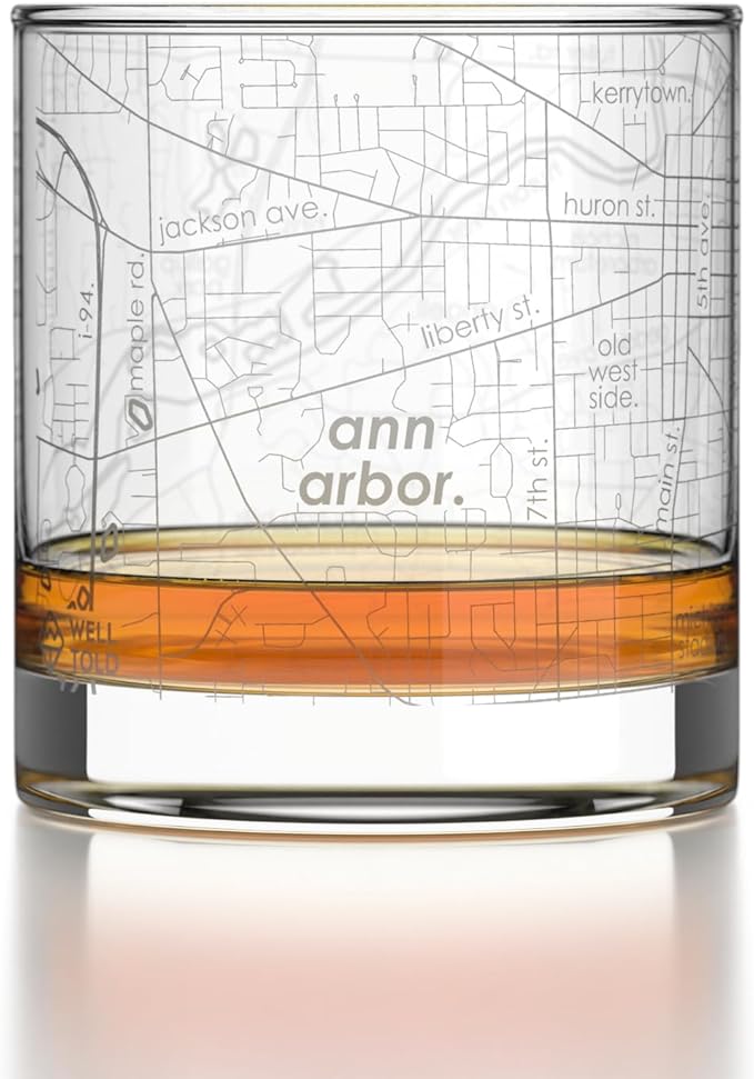 Well Told Engraved Ann Arbor Michigan Map Rocks Glass, Old Fashioned Glassware (11 oz, Clear) Etched Bourbon Tumbler, Gifts For Whiskey Lovers
