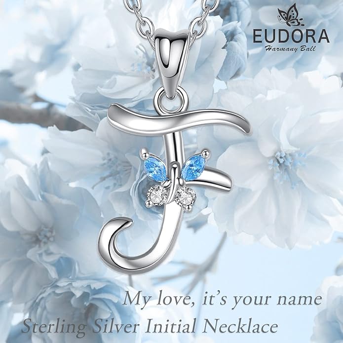 EUDORA Sterling Silver Butterfly Initial Necklaces for Women, Elegant Letter Neckles Personalized Gift for Mother, Sister, Daughter, 18 inch Chai