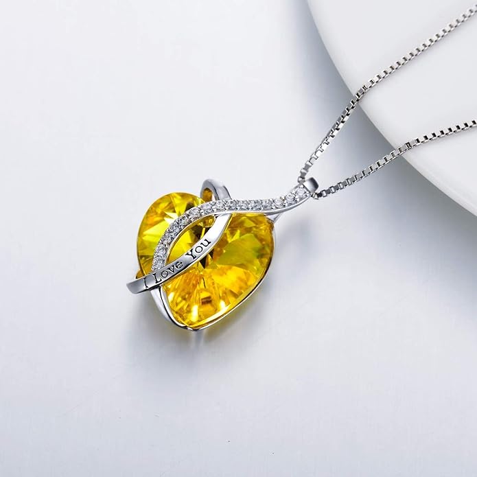 AOBOCO I Love You Sterling Silver 12 Birthstone Heart Pendant Necklace Embellished with Crystals from Austria, Mother's Day Anniversary Birthday Jewelry Christmas Gifts for Women Grandma Nana
