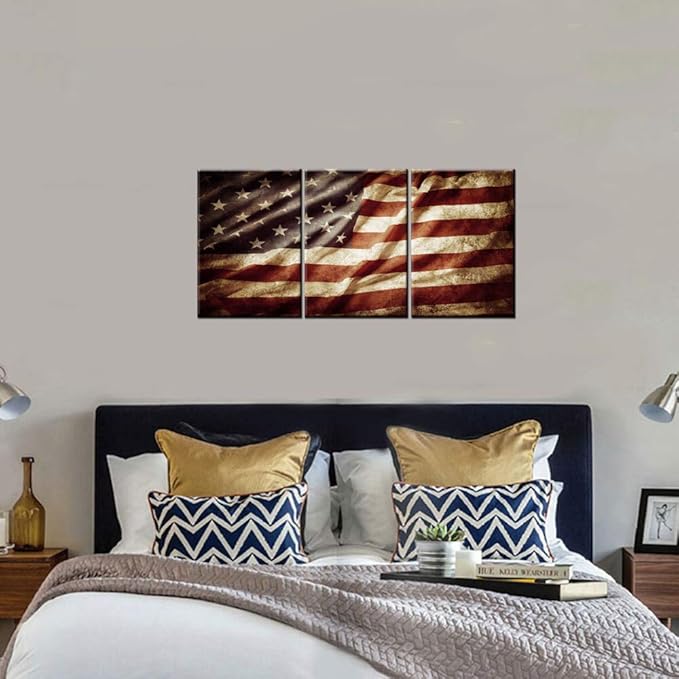 Vintage American Flag Paintings House Decorations Living Room Folds Creases USA Flag Artwork Stars Stripes Pictures 3 Panel Grunge Canvas Wall Art Framed Ready to Hang Posters and Prints(42''Wx20''H)