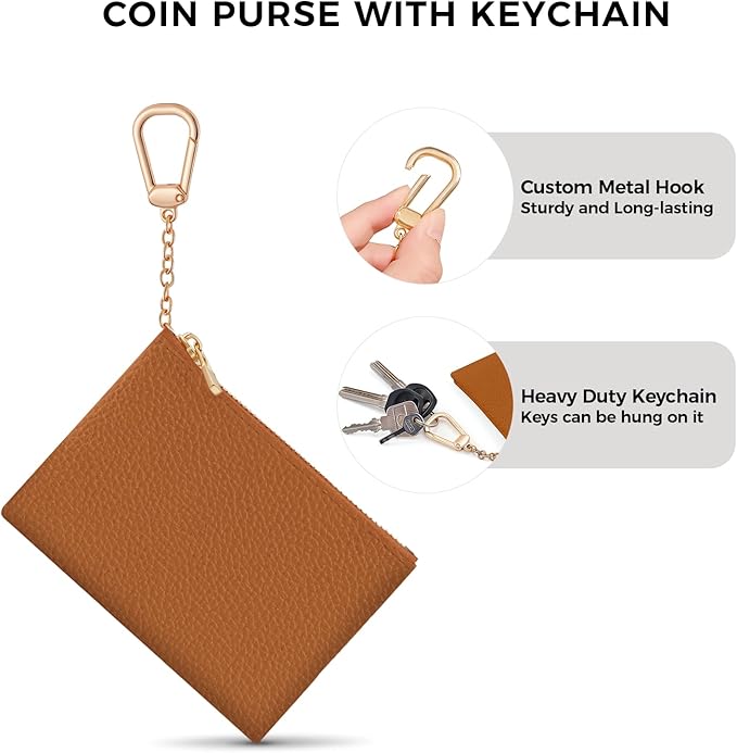 Brown Keychain Coin Purse for Women, Small PU Leather Change Pouch, Zipper Little Tiny Travel Wallet for Girls, Cute Kawaii Zip Pocket Coin Holder with Key Ring