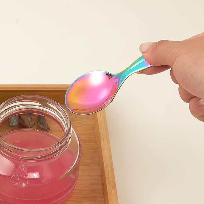 Colored Stainless Steel Short Handle Spoons 3 Pack Iridescent Round Dessert Spoons 304 Steel Mini Spoon Set for Coffee Ice Cream Tea Seasoning Rainbow （3.58 x 1.77Inch）