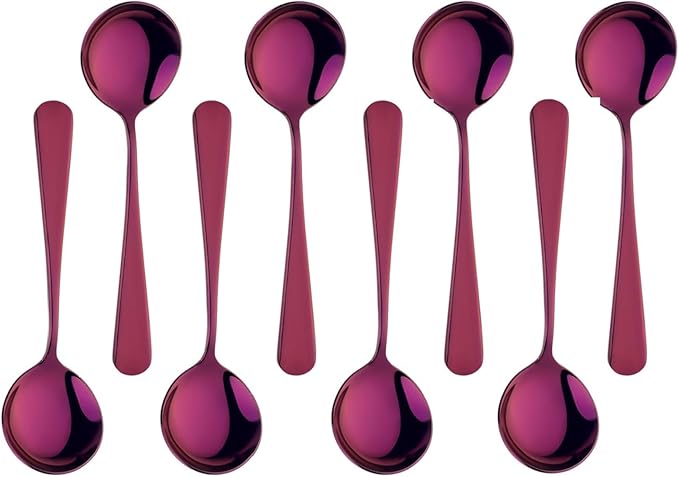 Buyer Star 8 Pieces Stainless Steel Round Soup Spoon, 6.3 Inch Mirror Polished Spoon Cutlery, Dishwasher Safe (Purple)