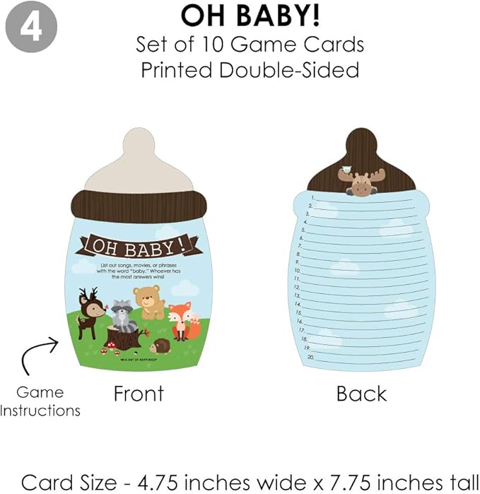 Big Dot of Happiness Woodland Creatures - 4 Baby Shower Games - 10 Cards Each - Who Knows Mommy Best, Mommy or Daddy Quiz, What’s in Your Purse and Oh Baby - Gamerific Bundle