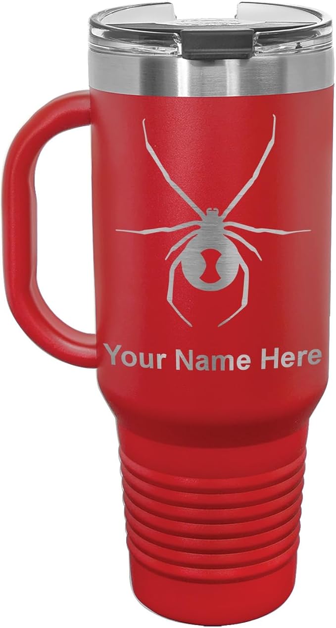 LaserGram 40oz Vacuum Insulated Travel Mug with Handle, Black Widow Spider, Personalized Engraving Included (Red)