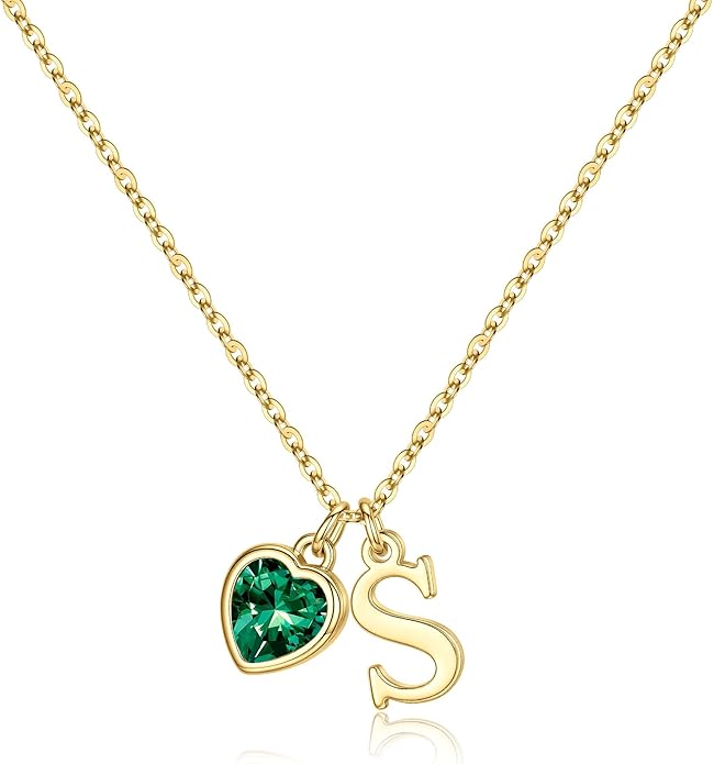 Turandoss Valentines Day Gifts for Her Trendy, Dainty 14K Gold Plated Initial A-Z Heart Birthstone Pendant Necklace Personalized Bridesmaid Birthday Valentines Jewelry Gifts for Women Girls