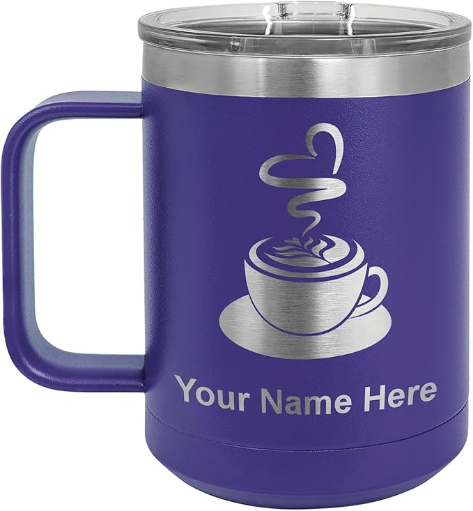 LaserGram 15oz Vacuum Insulated Coffee Mug, Cup of Coffee, Personalized Engraving Included (Dark Purple)
