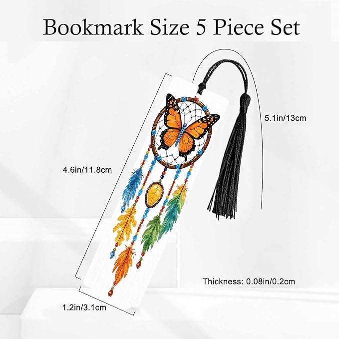 Tribal Dreamcatcher Bookmarks 5 Pcs Magic Tribal Feathers Butterfly Wooden Bookmark with Tassels for Reading Book Lovers Gift Office School Readers Teacher