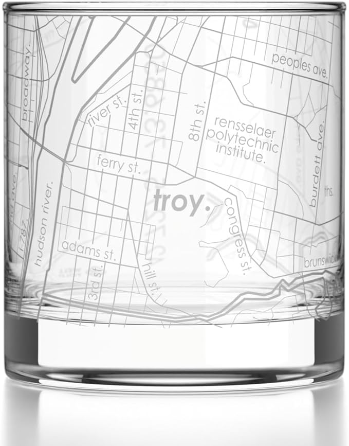 Well Told Engraved Troy New York Map Rocks Glass, Old Fashioned Glassware (11 oz, Clear) Etched Bourbon Tumbler, Gifts For Whiskey Lovers