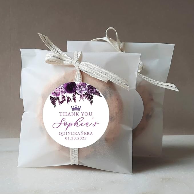 Andaz Press 40-Pack Personalized 2" Round Circle Quinceañera Labels, Purple Florals Custom Thank You Sticker Labels for Mis Quince Años, XV, 15th Birthday Favor Gifts Quinceanera Decorations