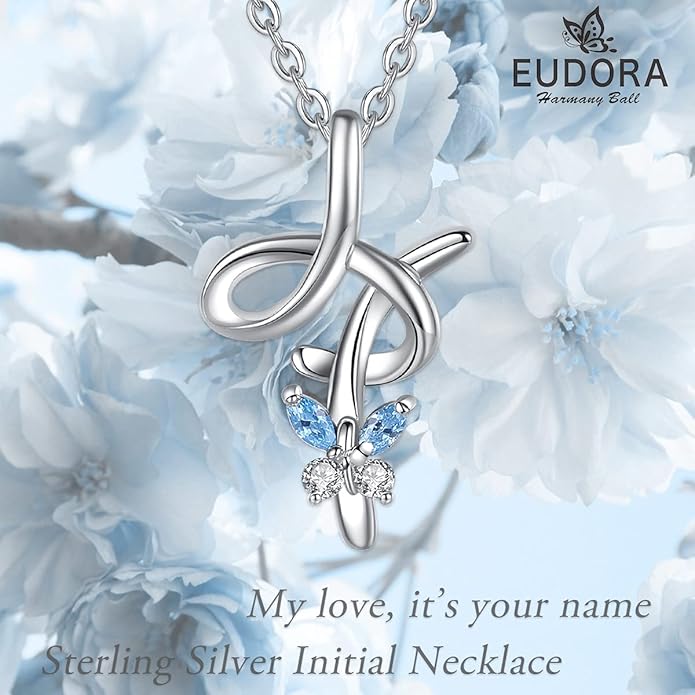 EUDORA Sterling Silver Butterfly Initial Necklaces for Women, Elegant Letter Neckles Personalized Gift for Mother, Sister, Daughter, 18 inch Chai