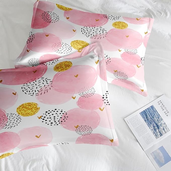 Comforter Set King Size, Polka Dot Pink 7 Pcs Bedding for Kids and Adults, Watercolor Spots Circles Bed Sheet Sets with Fitted Sheet 2 Pillowcases & 2 Shams for Bedroom Bed Decor