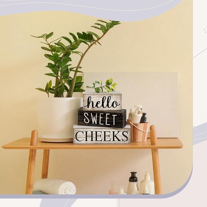 4 Pcs Bathroom Shelf Decor Hello Sweet Cheeks Sign Farmhouse Bathroom Decor and Accessories Rustic Eucalyptus Leaves Wood Block Sign Gift Sweet Home Table Centerpiece for Home Office