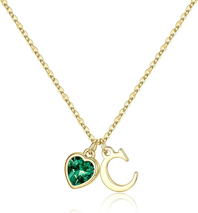 Turandoss Valentines Day Gifts for Her Trendy, Dainty 14K Gold Plated Initial A-Z Heart Birthstone Pendant Necklace Personalized Bridesmaid Birthday Valentines Jewelry Gifts for Women Girls