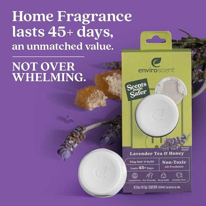 Enviroscent Non Toxic Air Freshener (Lavender Tea & Honey) Plug-in Home Fragrance Last 45+ Days | Kit includes 1 Refillable Plug In Warmer & 1 Scent Refill