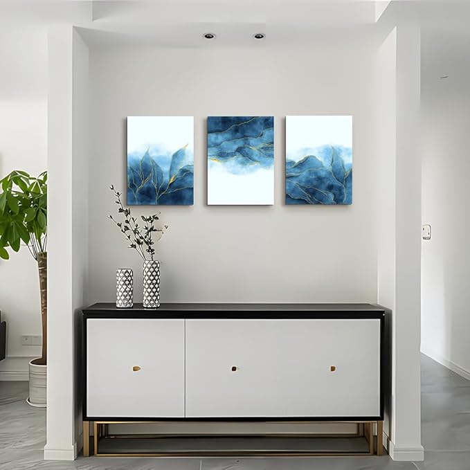Abstract Canvas Wall Art For Living Room, Bedroom, Office Decoration - Gray Blue Canvas Pictures, Modern Home Decor - 16x12 Inch/ 3 Piece