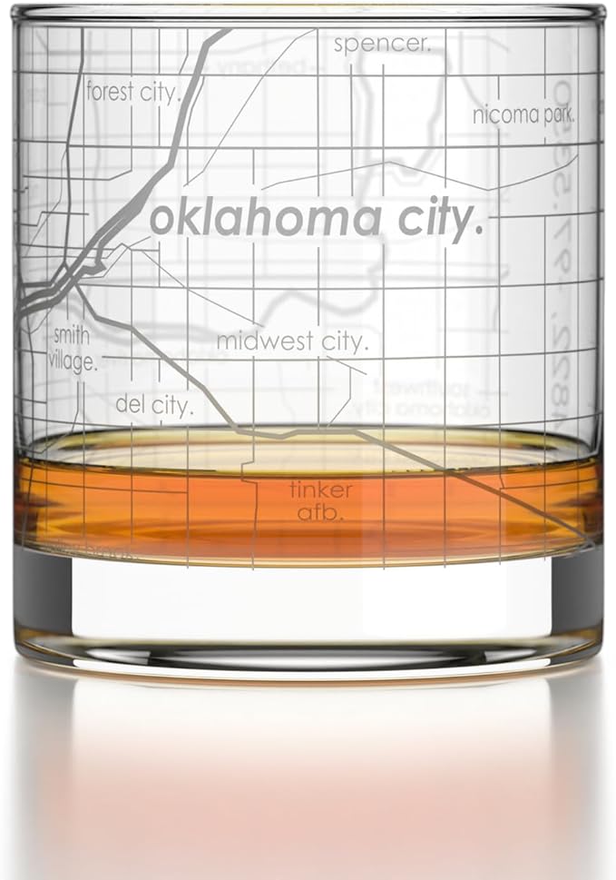 Well Told Engraved Oklahoma City Oklahoma Map Rocks Glass, Old Fashioned Glassware (11 oz, Clear) Etched Bourbon Tumbler, Gifts For Whiskey Lovers