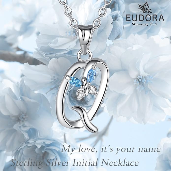 EUDORA Sterling Silver Butterfly Initial Necklaces for Women, Elegant Letter Neckles Personalized Gift for Mother, Sister, Daughter, 18 inch Chai