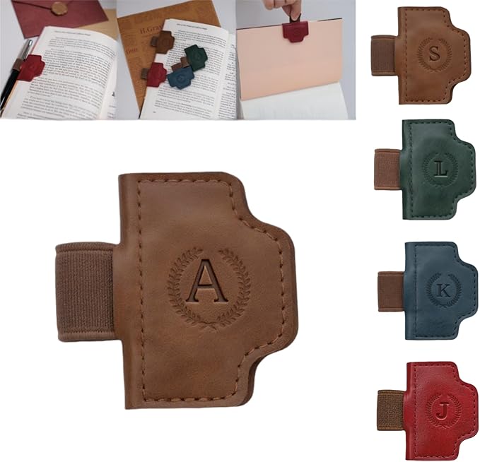 Personalized Magnetic Bygone Mark Bookmark with Pen Holder, 26 Letters Name Initial Custom Leather Book Mark for Women, Gifts for Book Lovers and Readers (Brown,A)