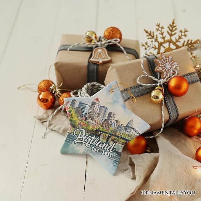 Portland City Skyline Ceramic Ornament, Oregon Travel Souvenir Christmas Decoration