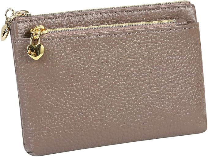 Women's Genuine Leather Coin Purse Zipper Pocket Size Pouch Change Wallet, Grey Purple