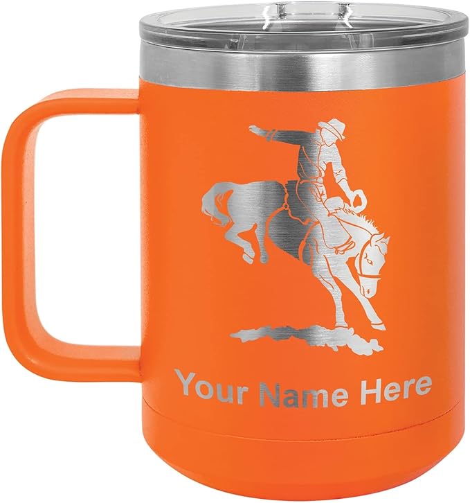 LaserGram 15oz Vacuum Insulated Coffee Mug, Bronco Rider, Personalized Engraving Included (Orange)