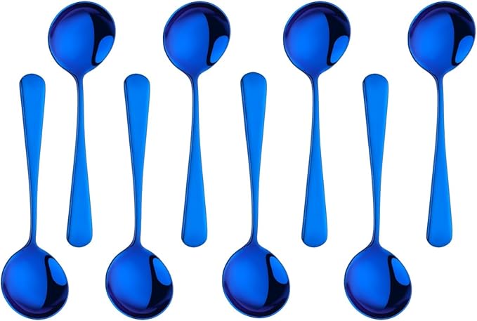 Buyer Star 8 Pieces Stainless Steel Round Soup Spoon, 6.3 Inch Mirror Polished Spoon Cutlery, Dishwasher Safe (Blue)