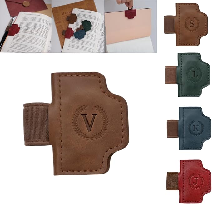 Personalized Magnetic Bygone Mark Bookmark with Pen Holder, 26 Letters Name Initial Custom Leather Book Mark for Women, Gifts for Book Lovers and Readers (Brown,V)