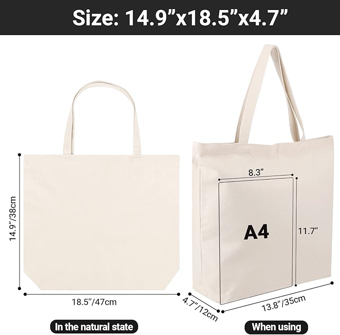 Segarty Canvas Tote Bag with Zipper, 3 Pack 18x15 Blank Canvas Bags for Women, Reusable Tote Bags Aesthetic with Natural Cotton Cloth Shoulder Strap, Bulk for DIY Grocery Beach Travel Gift