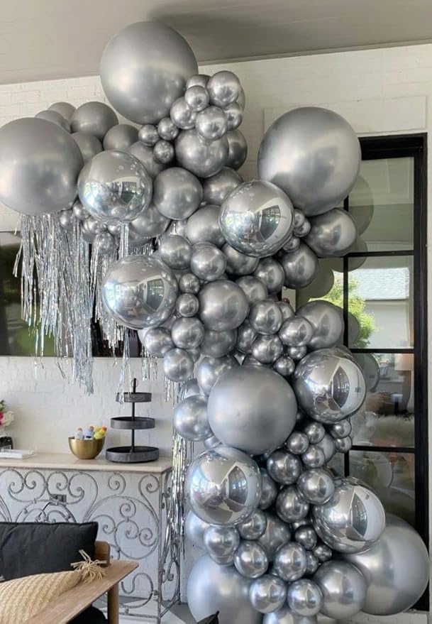 Bezente Metallic Silver Giant Balloons 36 Inch - 8 Pack Jumbo Chrome Silver Balloons Large Round Silver Latex Balloons for Photo Shoot Wedding Bridal Shower Birthday Party Decorations