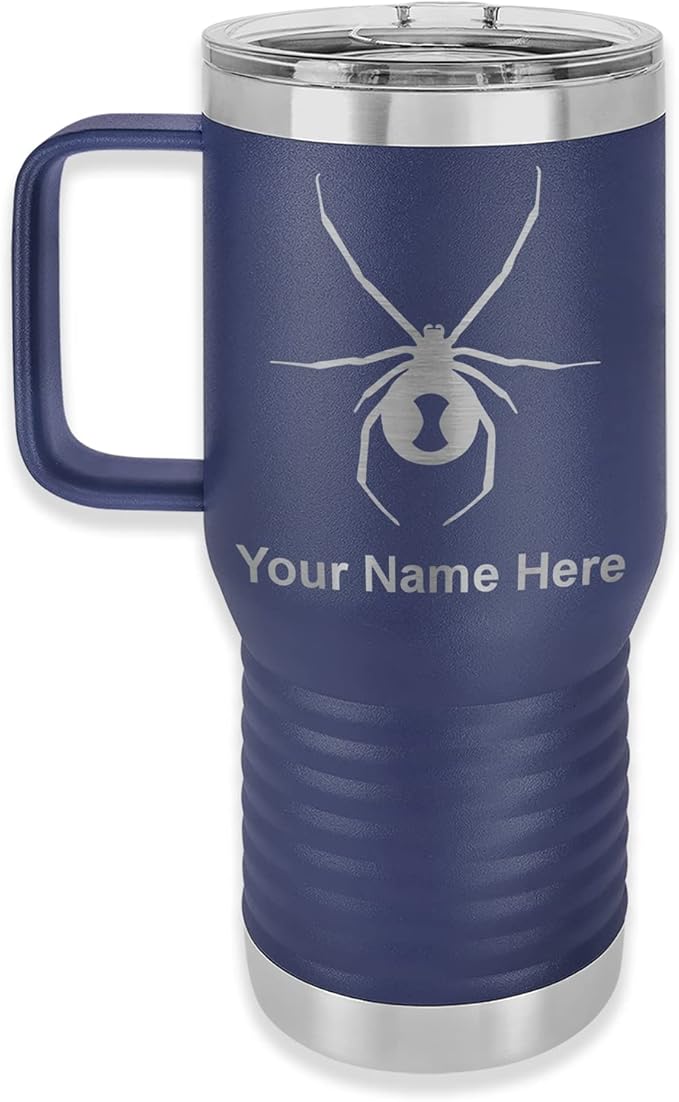 LaserGram 20oz Vacuum Insulated Travel Mug with Handle Widow Spider, Personalized Engraving Included (Navy Blue)