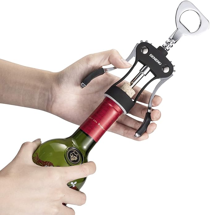 Beneno Wine Opener with Stainless Steel Wine Foil Cutter - Bottle Top Seal Cutter, Zinc Alloy Premium Wing Corkscrew with Multifunctional Bottles Opener, Midnight Black