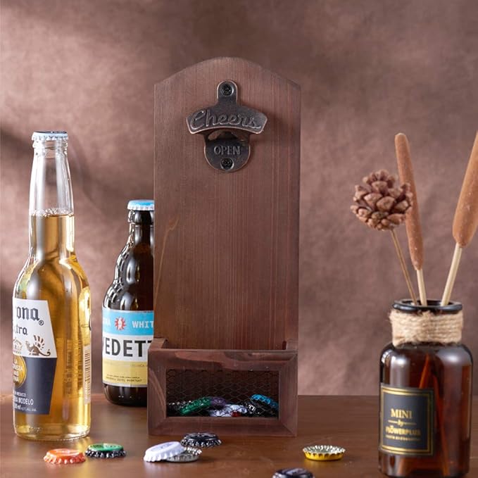 Bottle Opener with Cap CollectorCatcher,Vintage Wooden Wall Mounted Bottle Opener, Ideal Gift for Men and Beer Lovers, Use as Bar Decoration.
