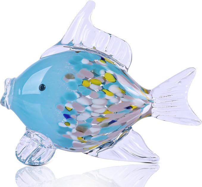 Large Glass Fish Figurine for Home Decor, Hand Blown Art Glass Ocean Animal Statue, Decorative Coastal and Beach Themed Sculpture for Table, Shelf, Bathroom, Living Room or Office