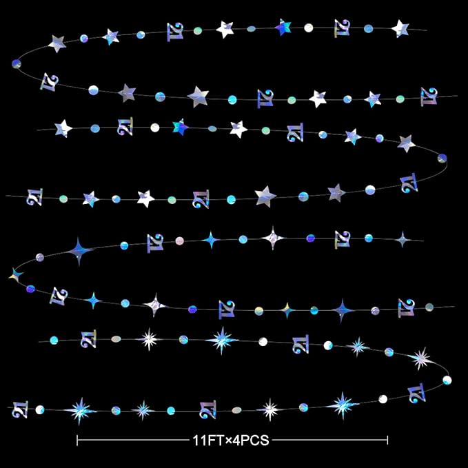 Iridescent Number 21 Circle Dot Twinkle Star Garland Metallic Holographic Hanging Streamer Bunting Banner Backdrop Decoration Girls 21st Birthday Finally Legal Twenty One Anniversary Party Supplies