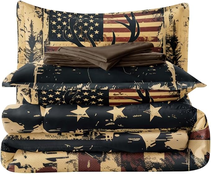 Deer Comforter Sets Queen 5PCS with Sheets, Deer & American Flag Comforter Set for Hunter Bedroom Decor, Bedding Set for Boys, Adults & Teens